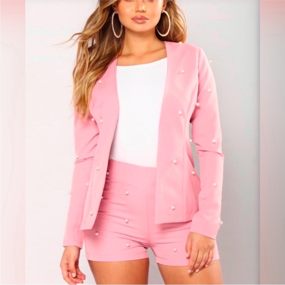 FASHION NOVA PINK BLAZER & SHORTS SET WITH PEARLS SZ S